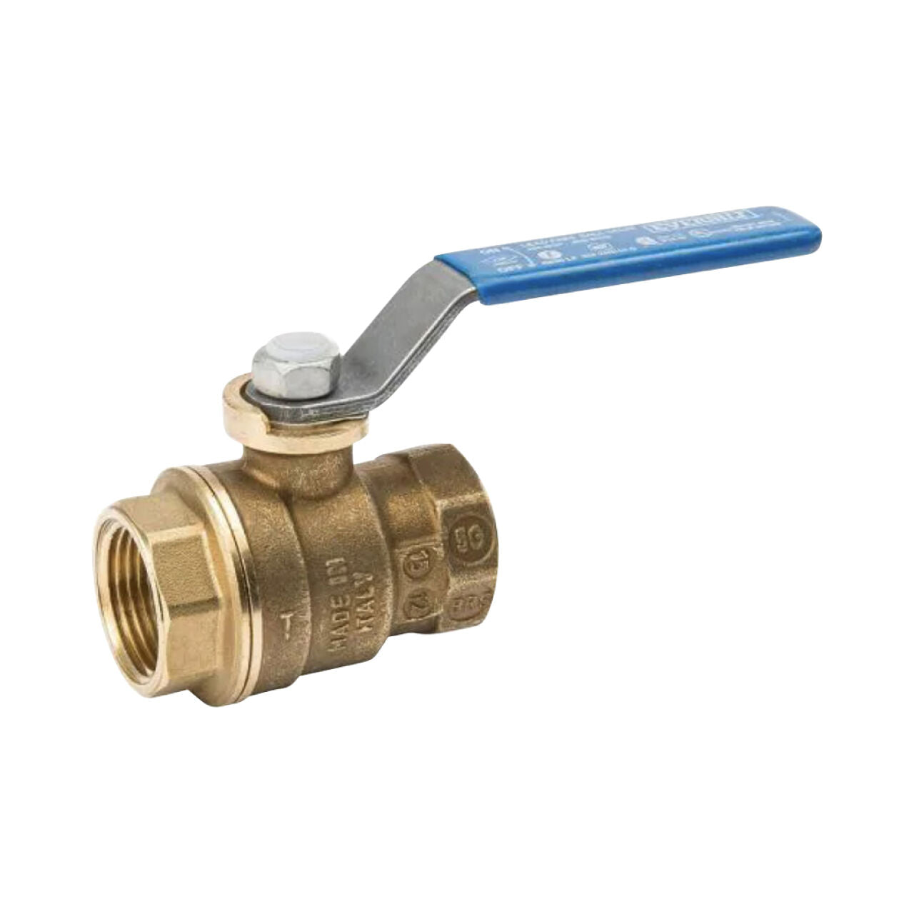 The Go Build 1/2 in. Brass FPT Full Port Threaded Ball Valve features a blue lever handle and threaded ends for easy pipe connection, shown isolated on a white background.
